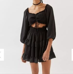 URBAN OUTFITTERS Black Ruched Puff Sleeve Mini Dress